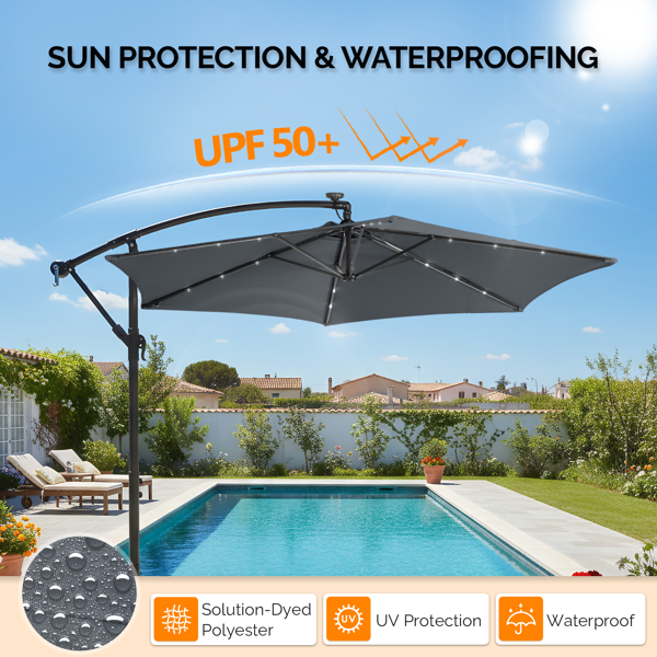10FT Round Hanging Patio Umbrella with LED Lights & Stand - Gray