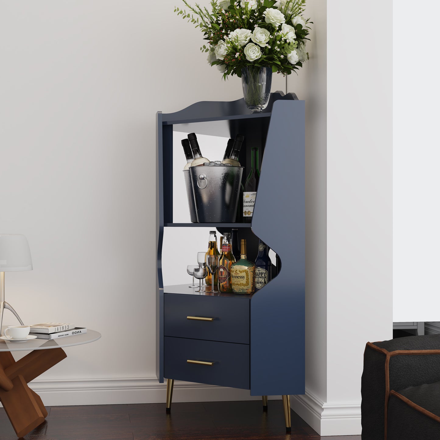 Wooden Corner Bar Cabinet With 2 Open Storage Shelves And Drawers,