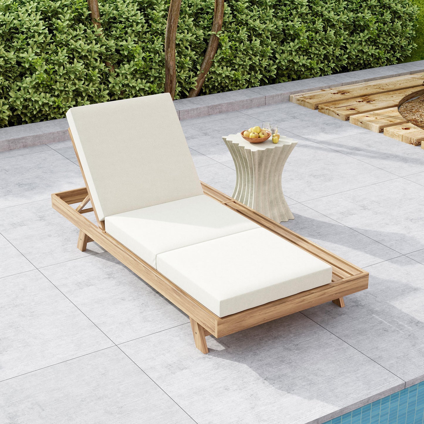 Lounge Chaise Set - Acacia Wood with Cream Cushion, 4-Position