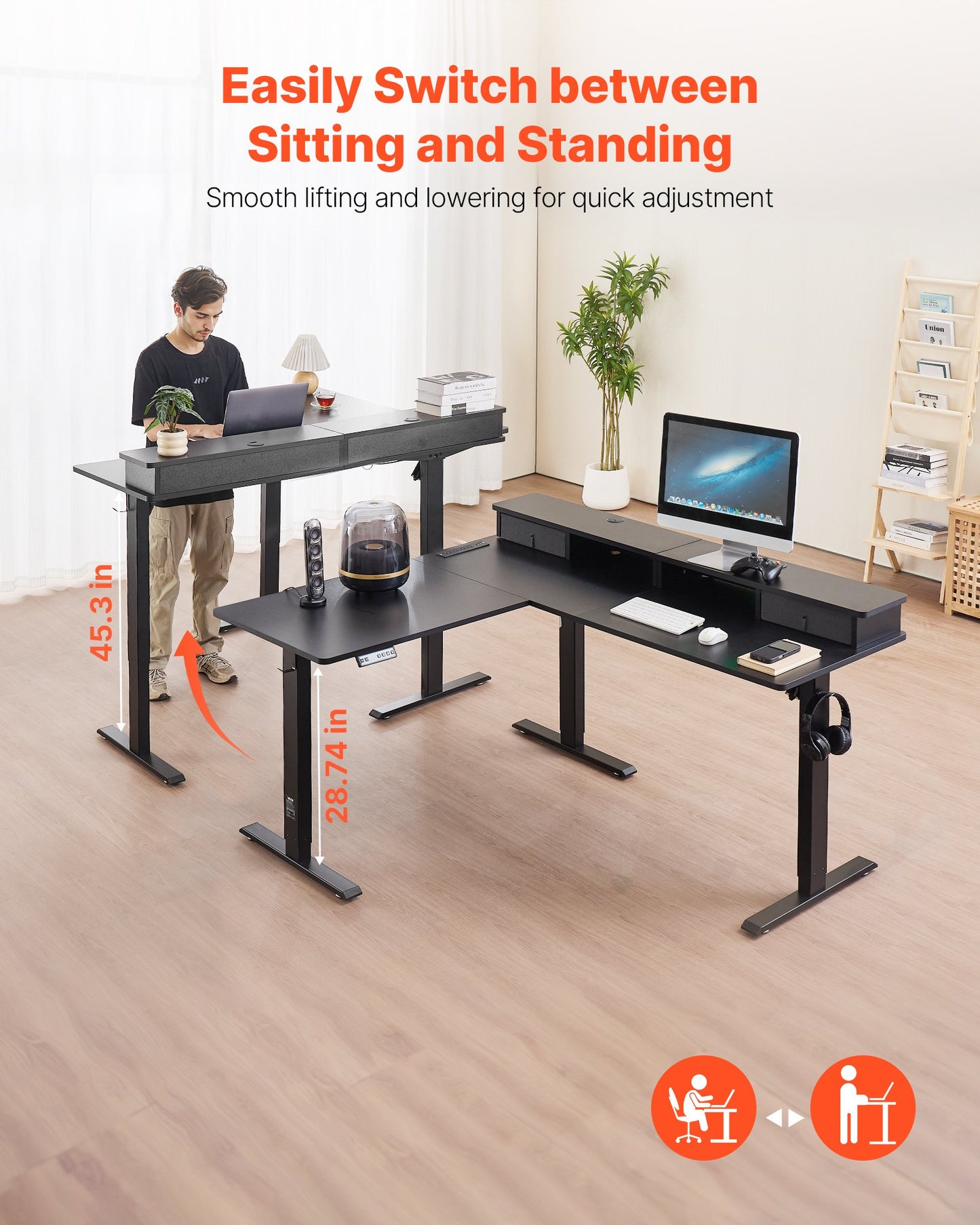 Electric Adjustable L-Shaped Gaming Desk with Light Strip - Black