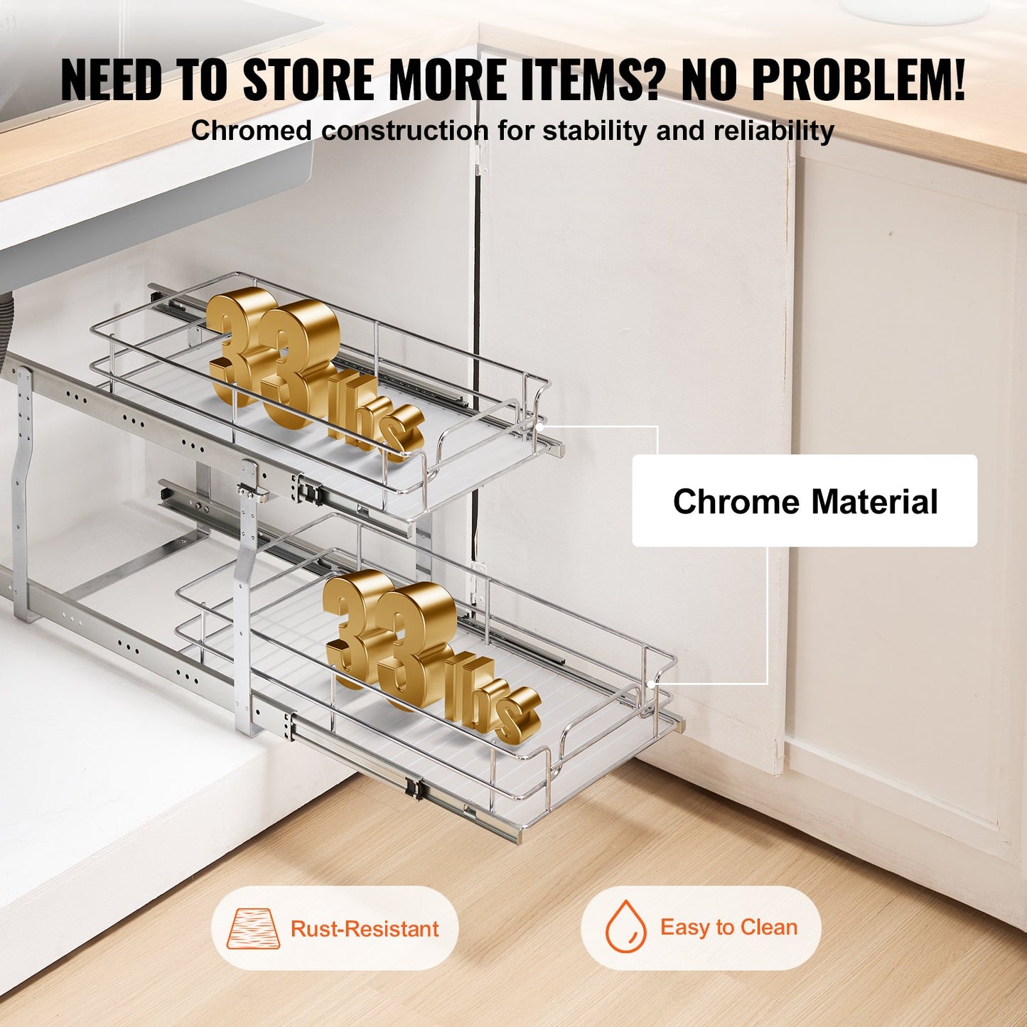 2-Tier Under Sink Organizer - Pull Out Cabinet Basket, Silver