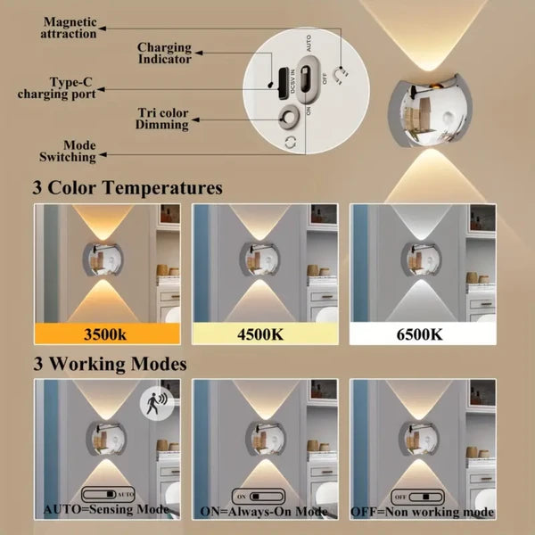 LED Modern Indoor Wall Light with Motion Sensor, 3 Color Modes, Rechargeable Magnetic Wall Sconce - 2 or 4 Pack