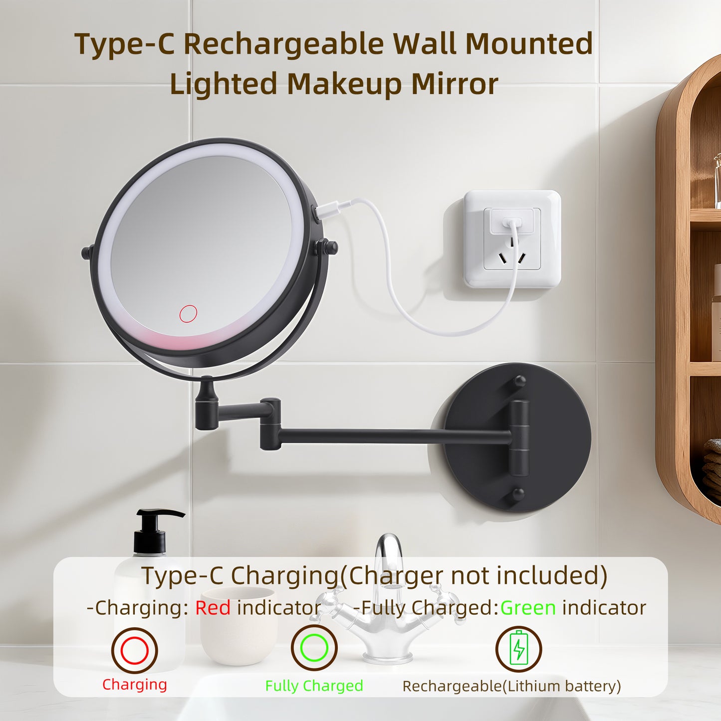 Rechargeable Wall Mounted Makeup Mirror with Lights - Black