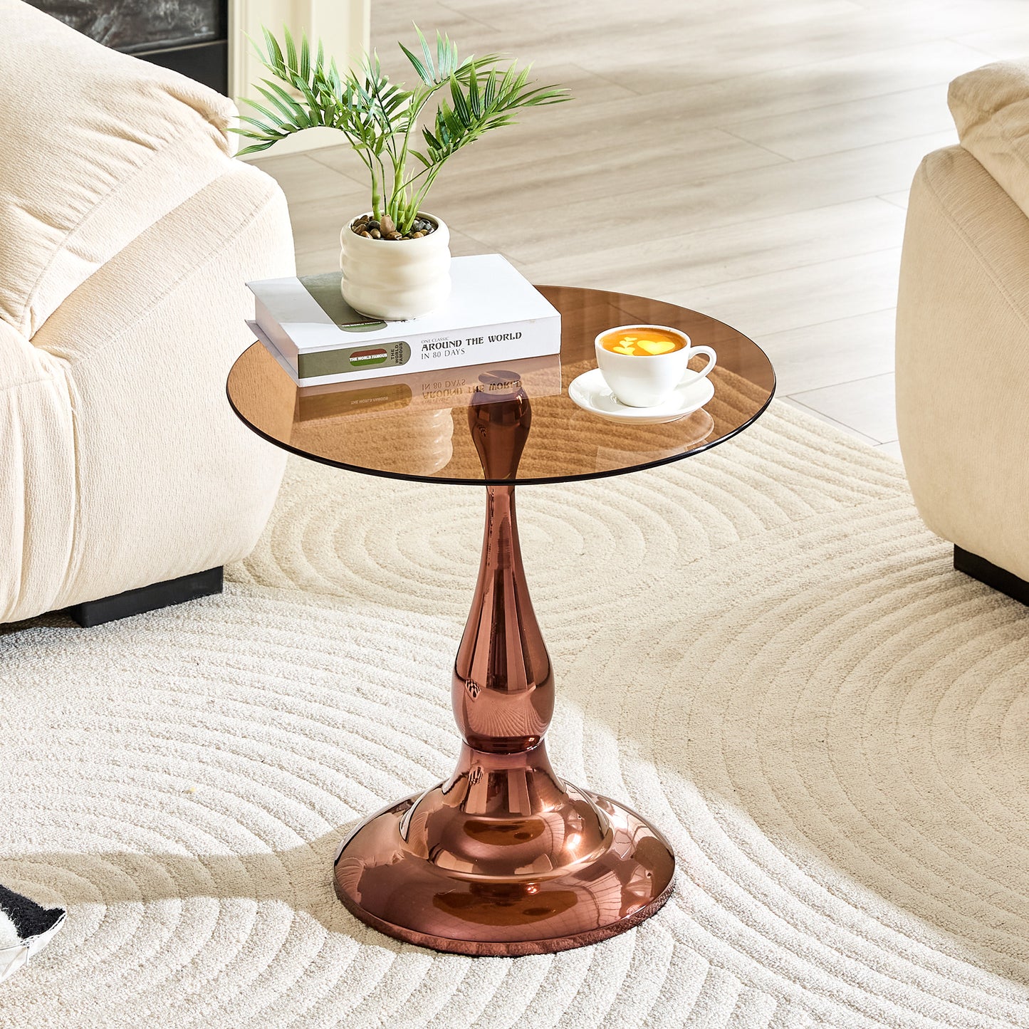 Modern Rose Gold Metal Side Table with Glass Top - 19.6 Inch