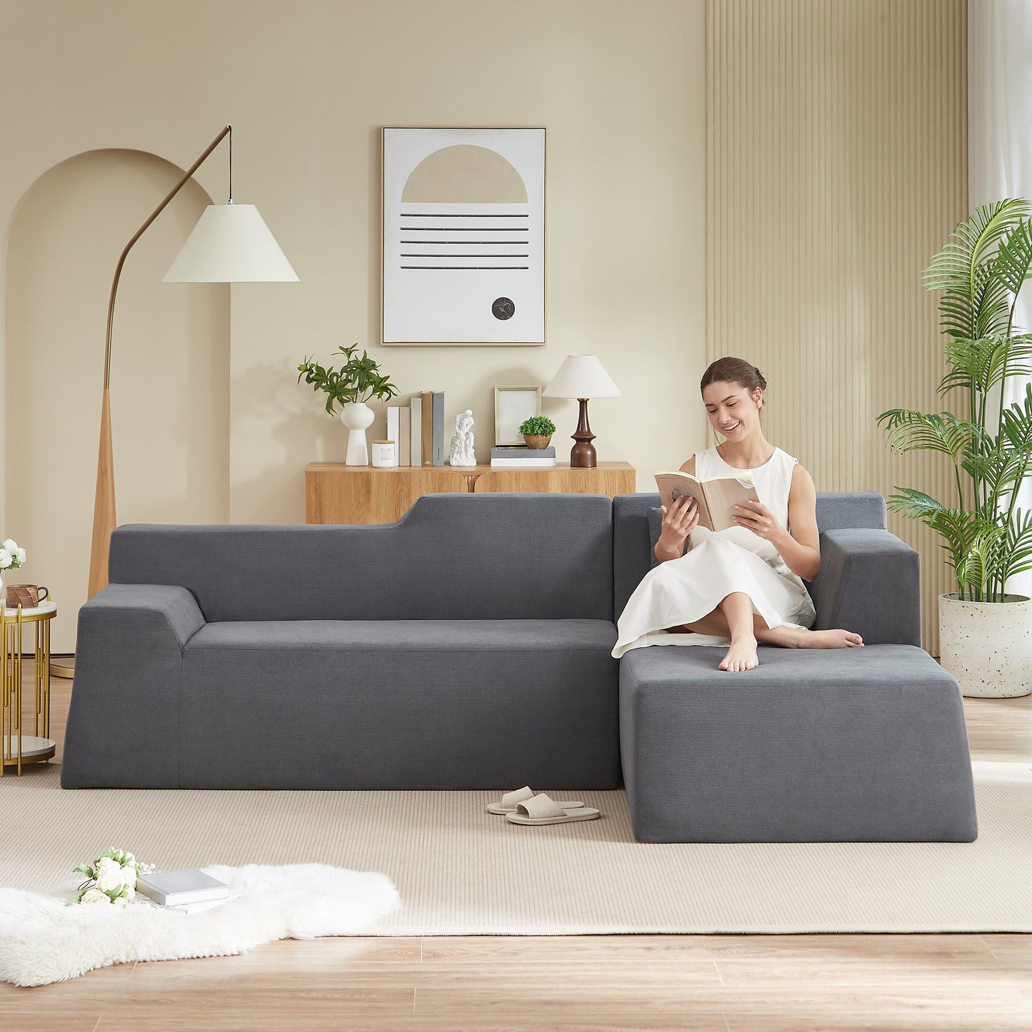 Modern L-Shaped Corduroy High Back Sofa - Dark Gray