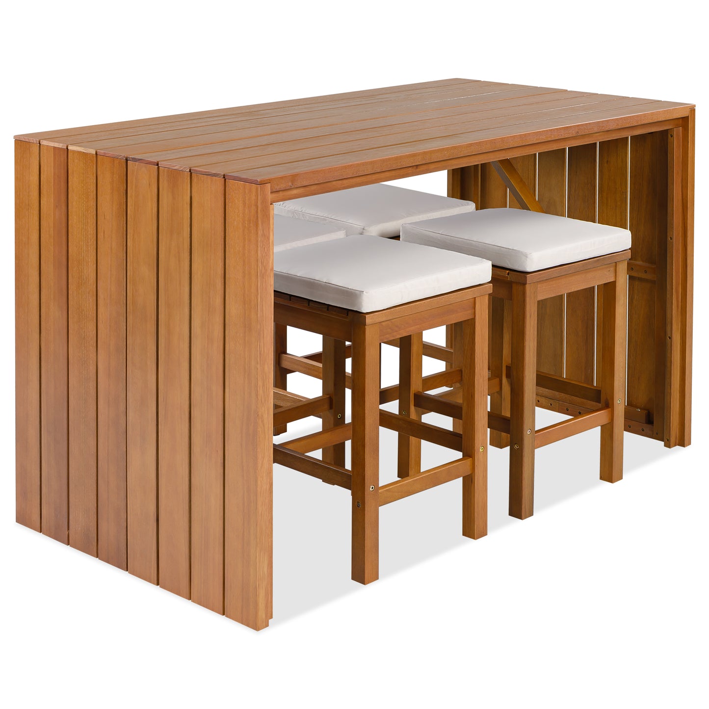 5 Piece Outdoor Bar Set, Patio Acacia Wood Height Table & Four Stools