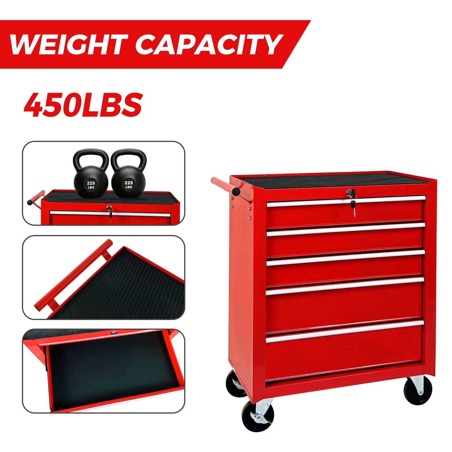5-Drawer Rolling Tool Chest with Lock & Key, Steel Storage Cabinet, Red