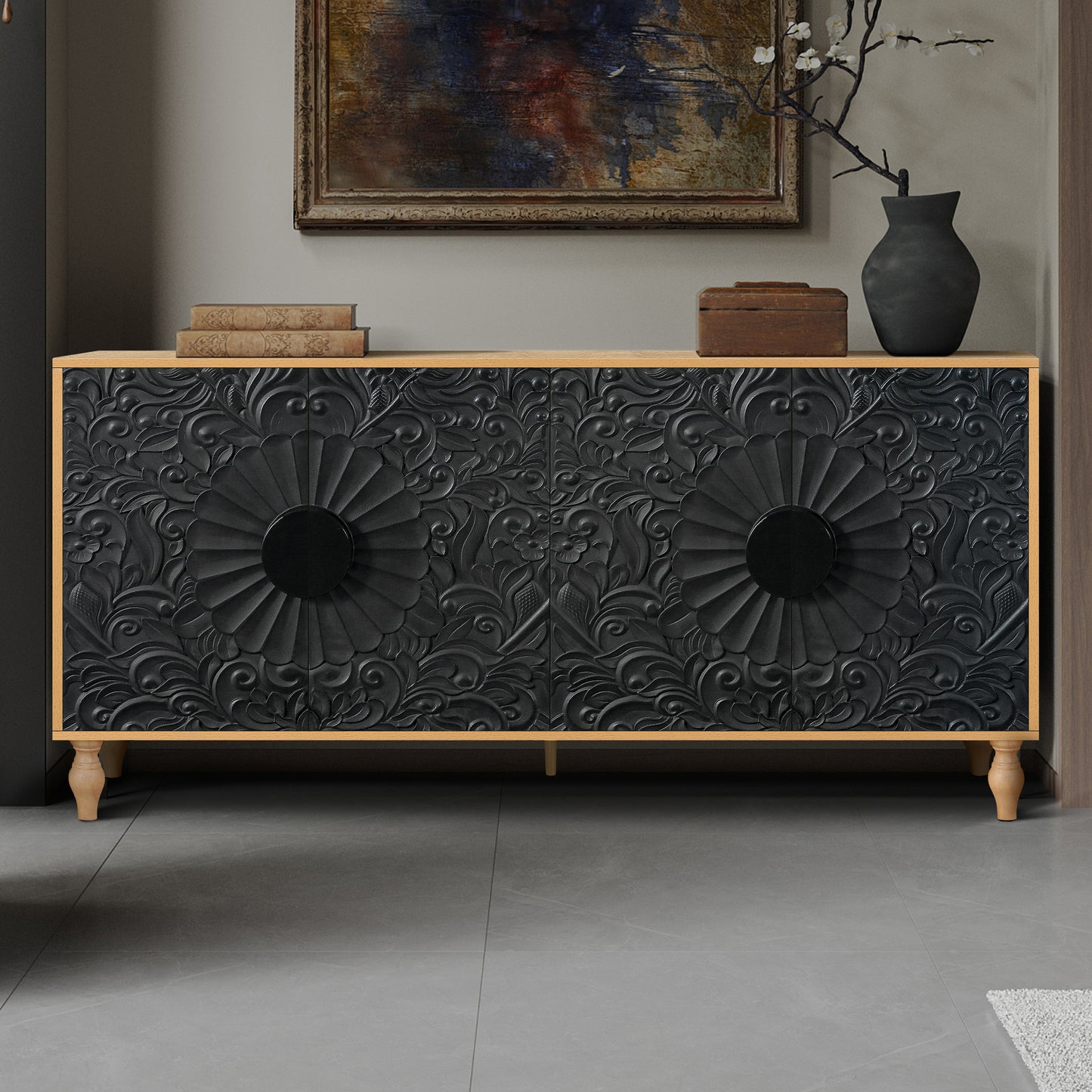 Black Carved Symmetrical Door with Wood-Coloured Frame - TV Stand
