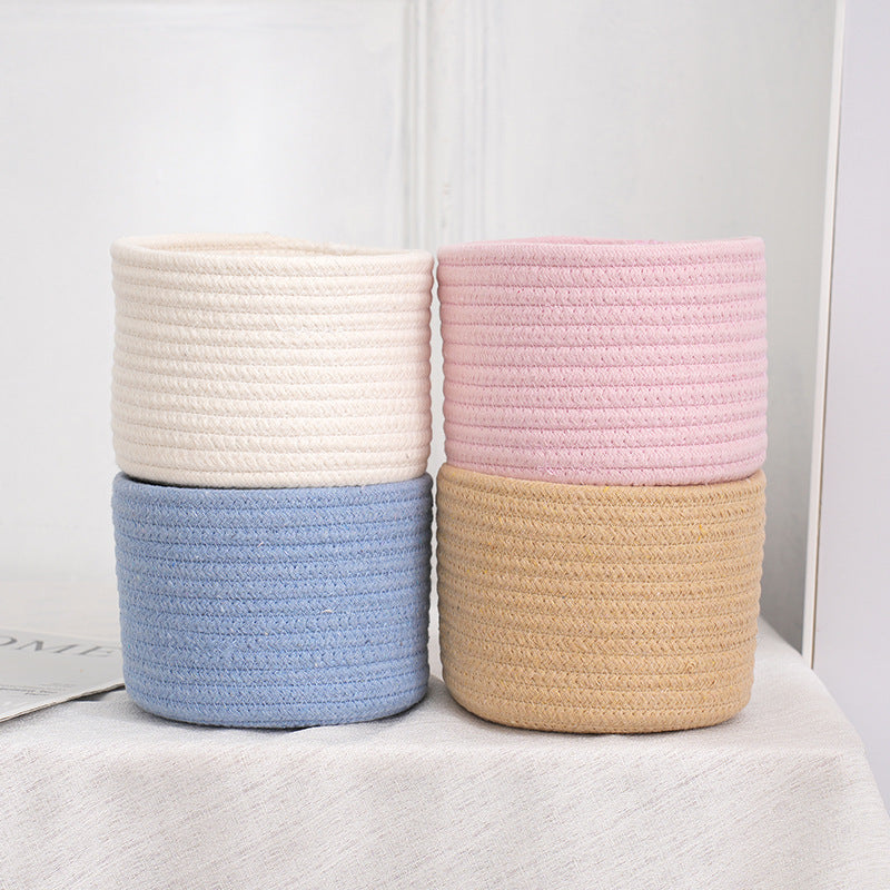 Hand-Woven Desktop Storage Basket - Multi-Color Cotton Rope Organizer