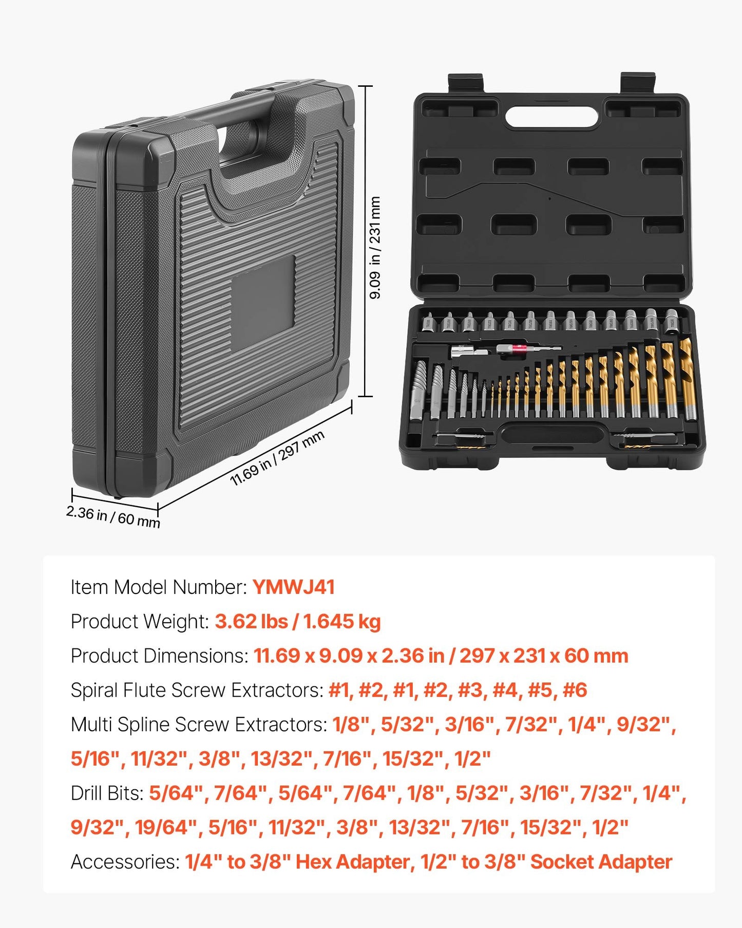 41-Piece Screw Extractor Set with Drill Bits for Broken Bolt Removal - Black