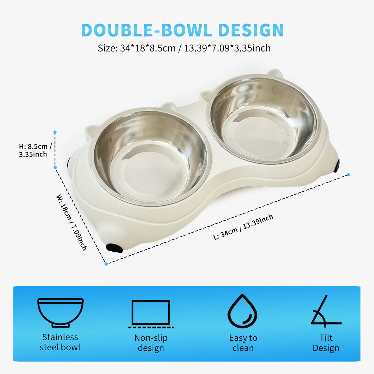 Double Stainless Steel Pet Bowl Set - Non-Slip, Easy to Clean for Cats & Dogs