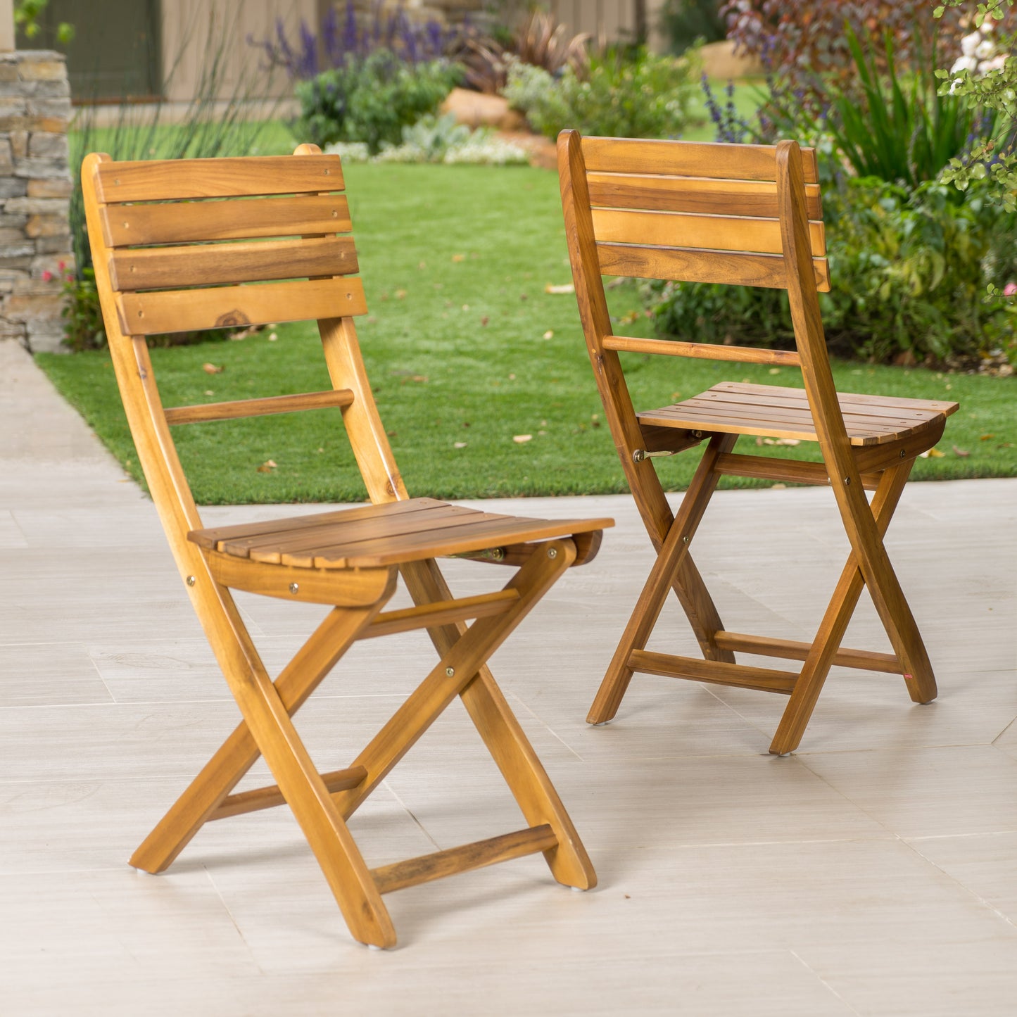 Outdoor Acacia Wood Folding Dining Chair Set - Natural Finish