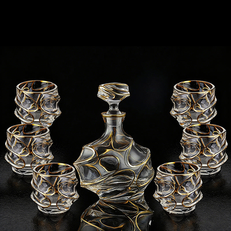 Crystal Whisky Glass Set - Home Bar Drinkware with Gilded Pattern