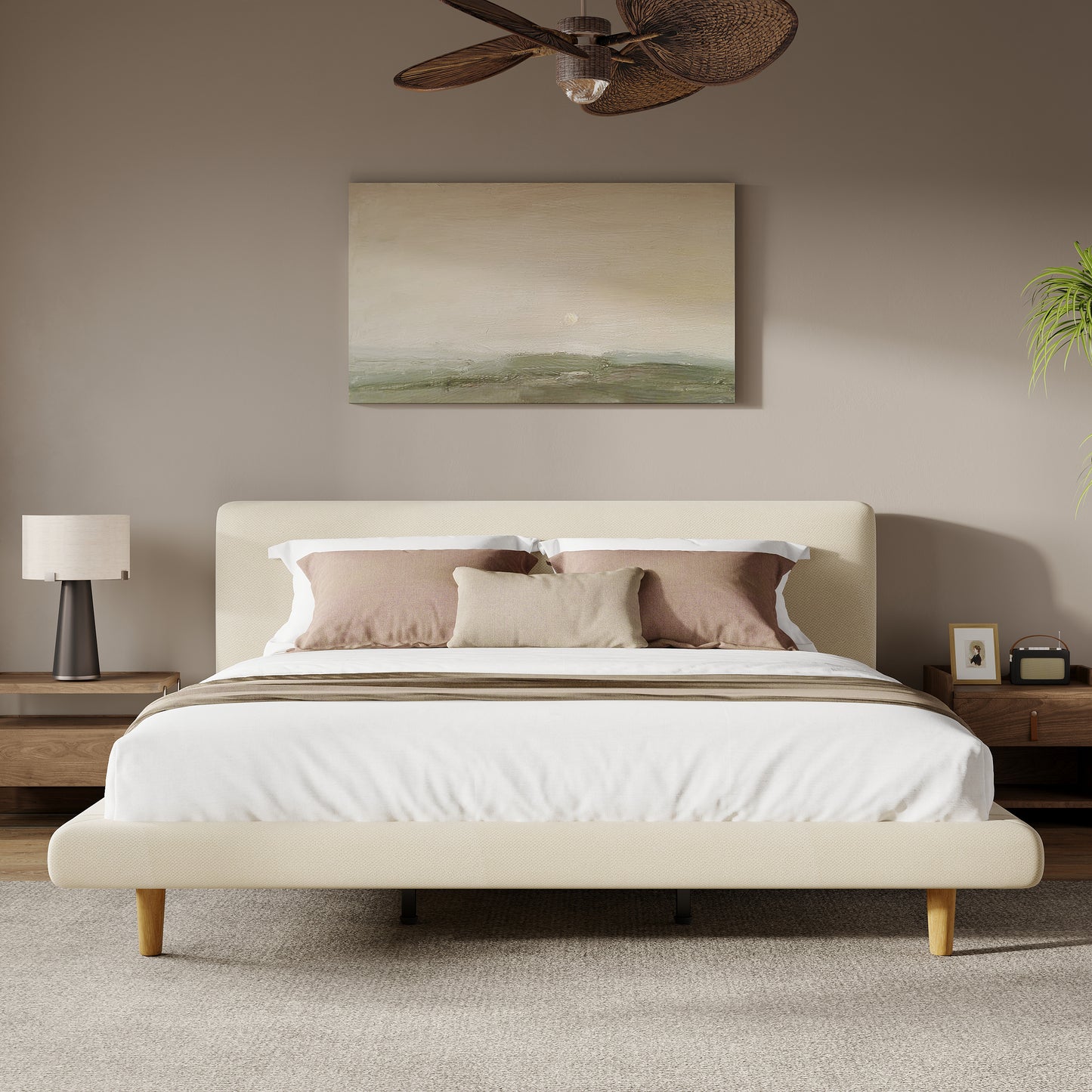Beige Chunky Headboard Bed Frame - California King, 800lbs Capacity