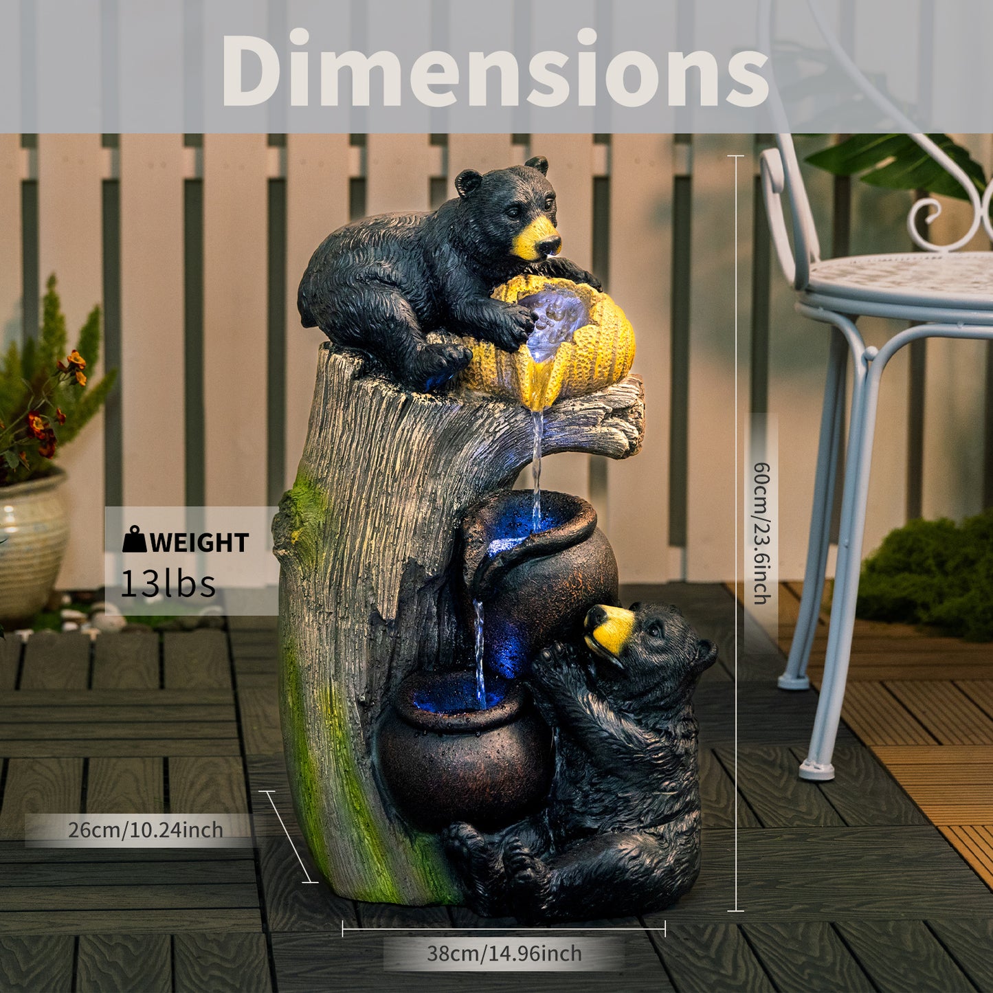 Bear Outdoor Water Fountain with LED Lights, Cascading Garden Decor, 23.6 Inches