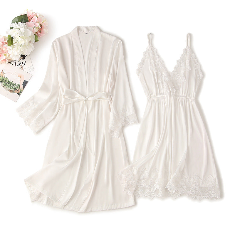 Women's Silk Pajamas Set with Lace - Summer Spring Sleepwear for Women