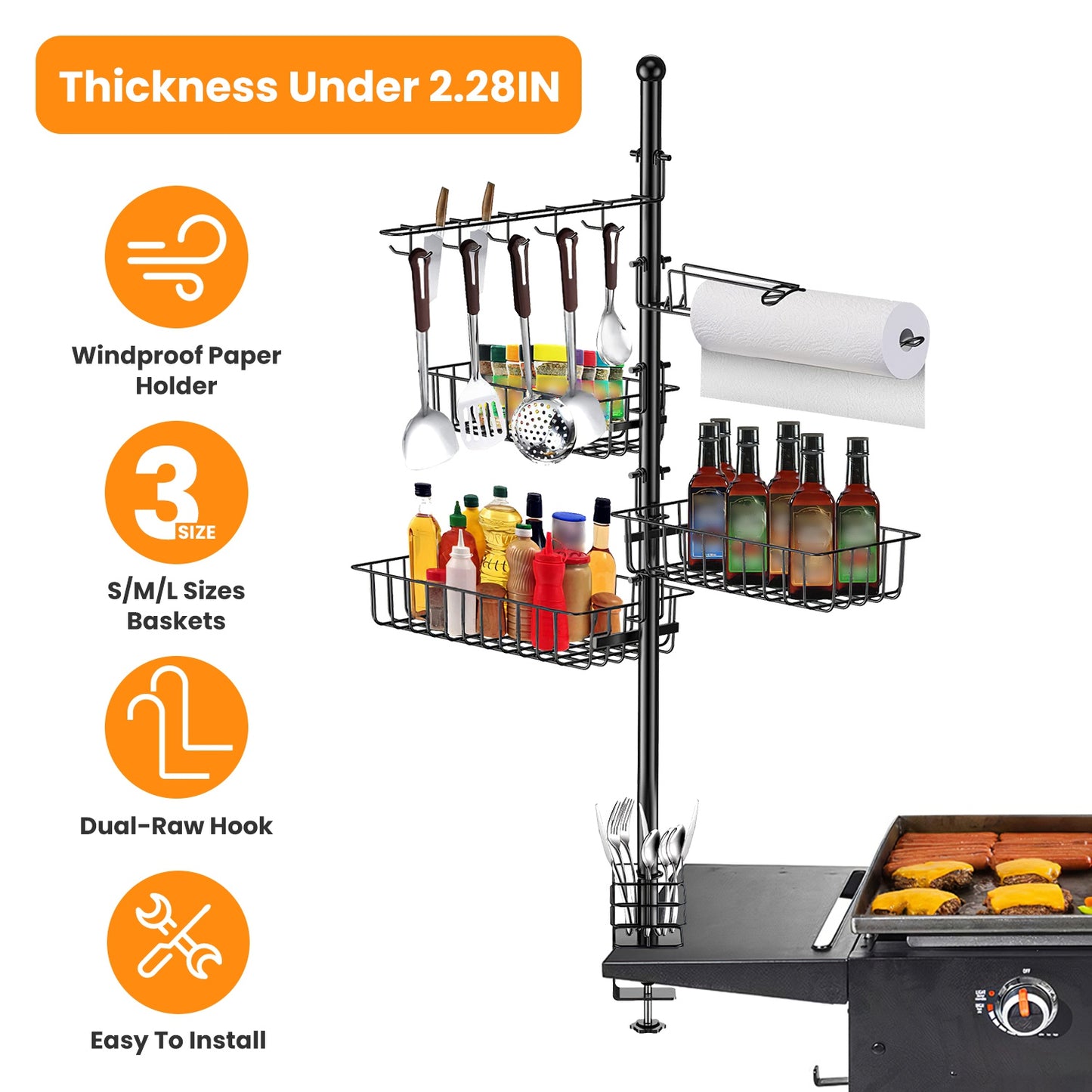 BBQ Storage Caddy with Large Capacity Baskets, Tool Hooks & Paper Towel Holder