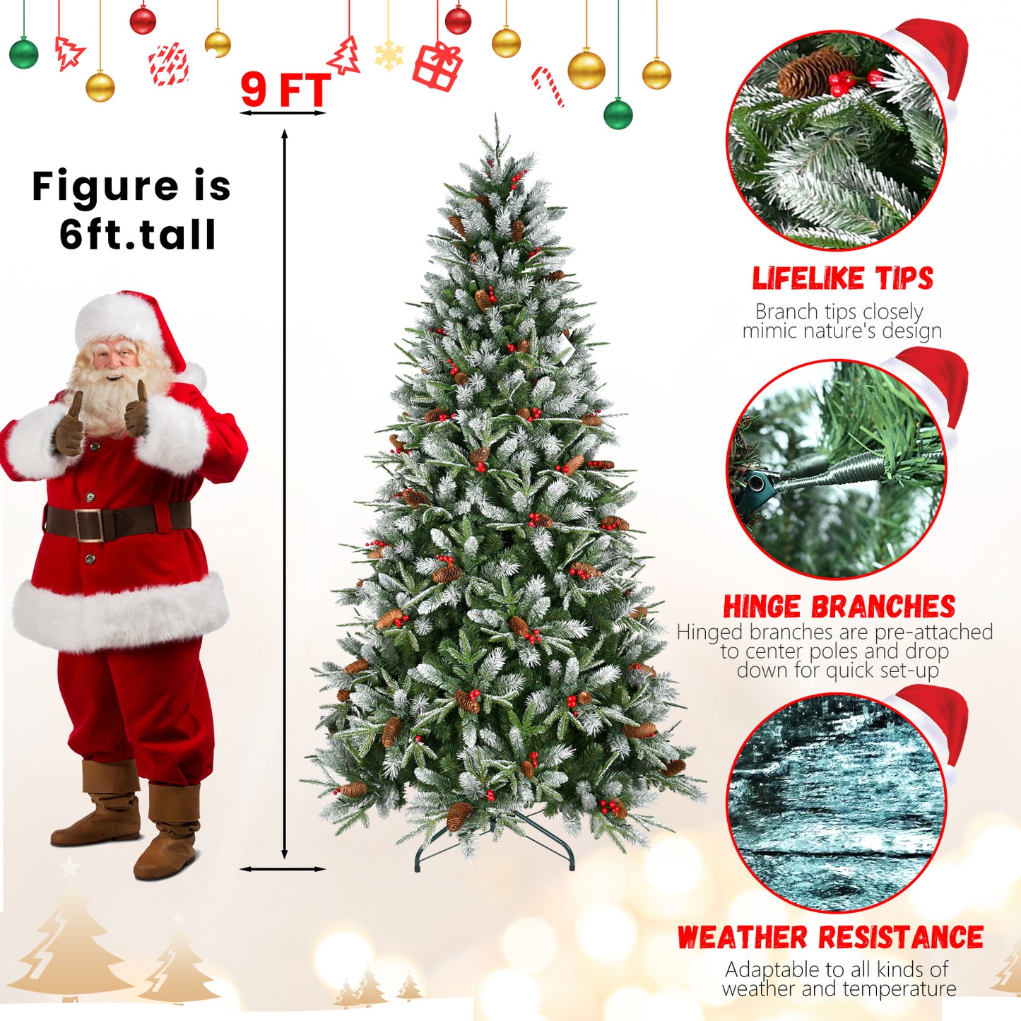 Artificial Christmas Tree with Red Fruits & Pine Cones - Multiple Heights