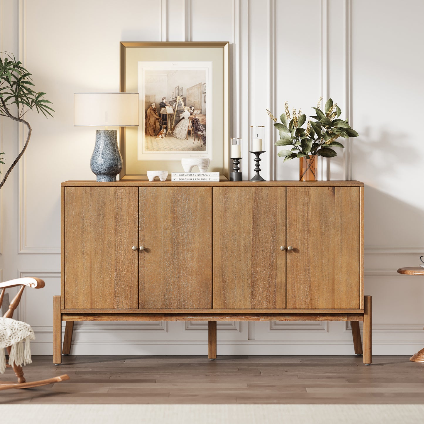 Vintage Sideboard Buffet Cabinet, 56.8 W X 18 D 34.2 H, 4-Door