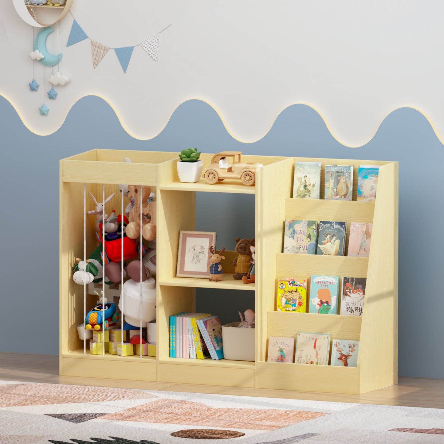 3-in-1 Kids Bookshelf and Toy Storage - Natural