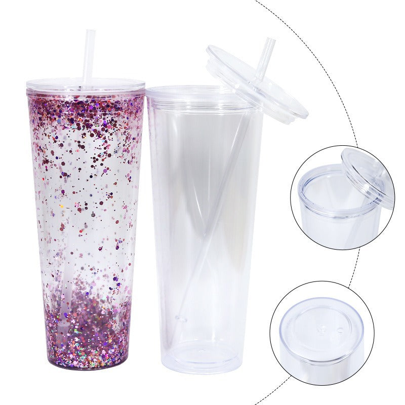 Double-Layer 24oz Acrylic Plastic Cup with Flat Lid and Plug - Leakproof Drinkware