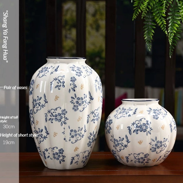 Blue and White Porcelain Ceramic Vase Set - Elegant Tall & Low Profile Vases