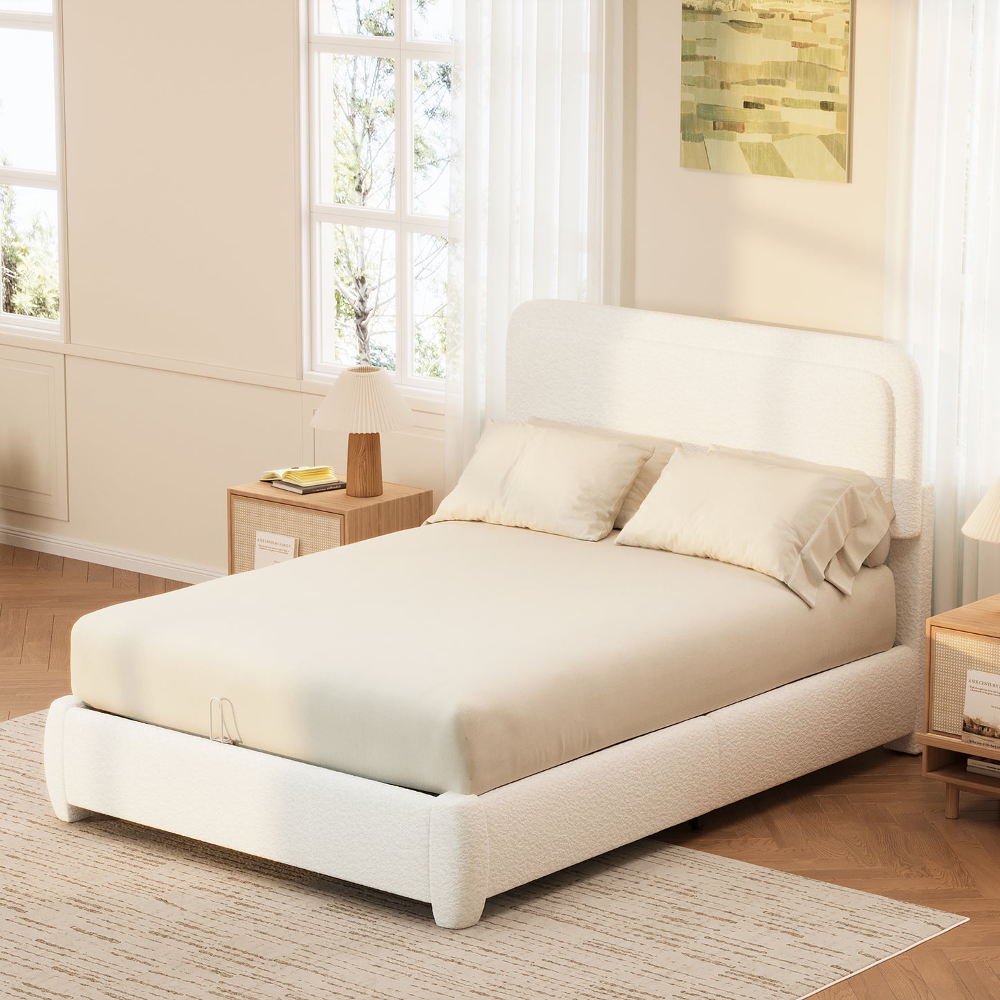 Boucle Full Bed Frame With Adjustable Height Headboard, Modern