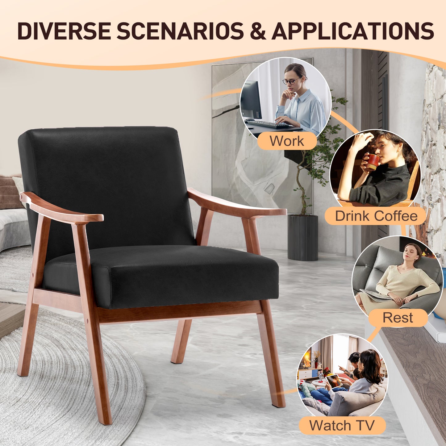 Mid-Century Modern Accent Chair with Solid Wood Frame - Black PU