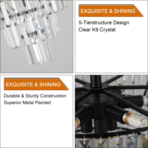 Large Black Crystal Chandelier - Modern Luxury Pendant Light for Dining & Living Rooms