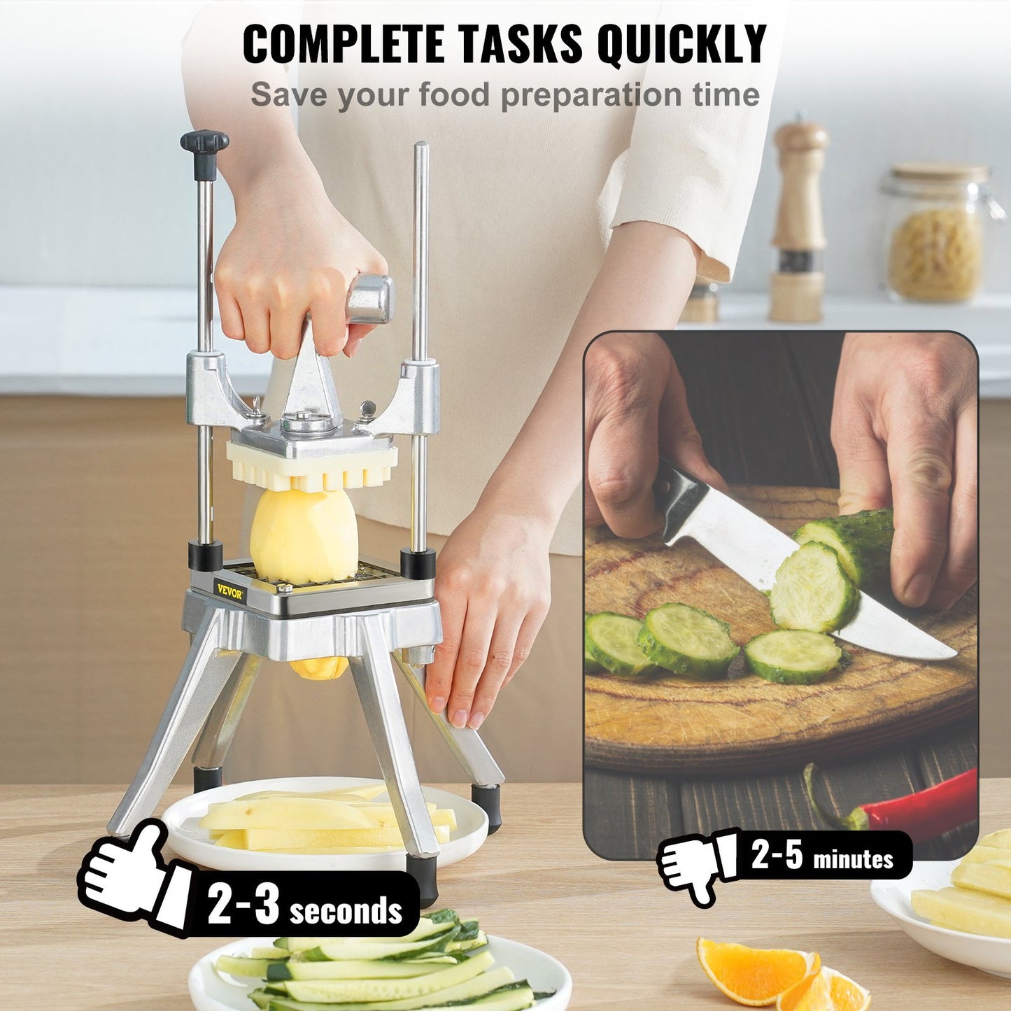 Heavy Duty Commercial Vegetable & Fruit Chopper with 3/8" Blade - Stainless Steel Food Dicer, Onion & French Fry Cutter - Metallic