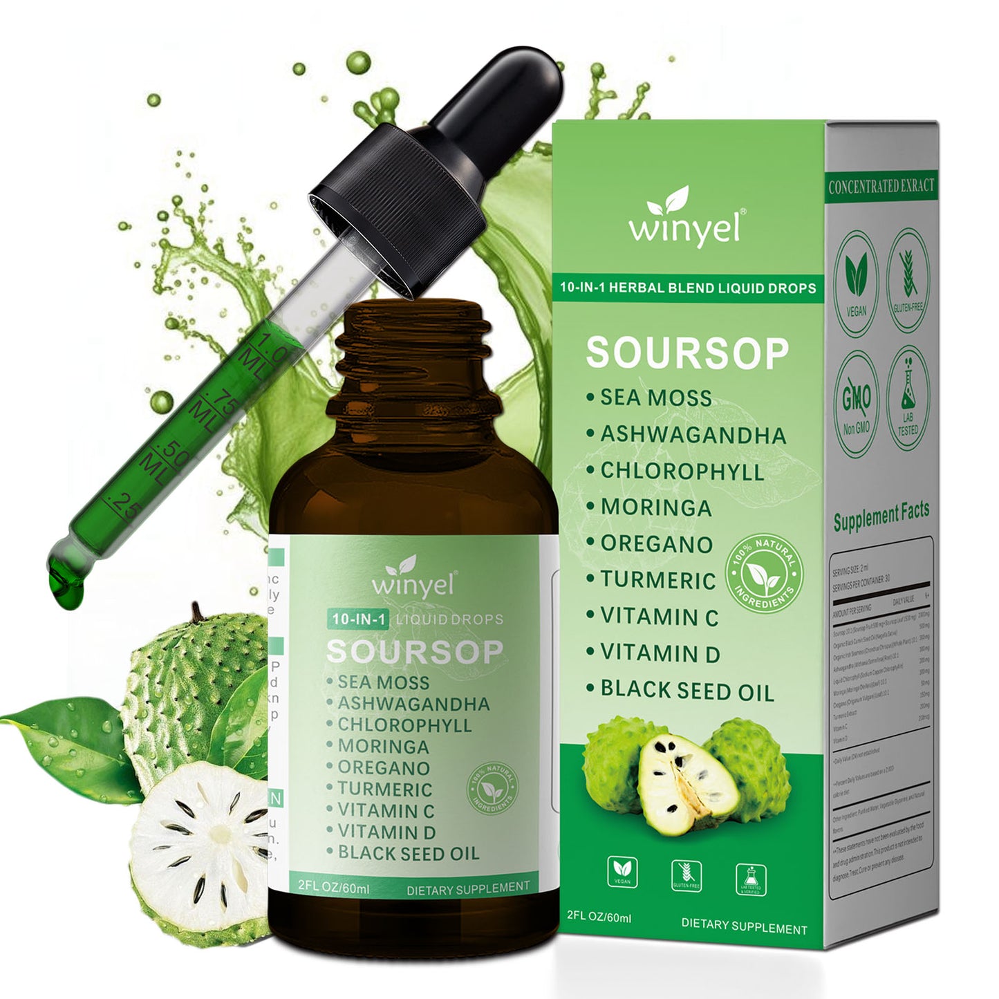 Soursop 10-in-1 Herbal Liquid Drops - Moringa, Seaweed & Ashwagandha Blend