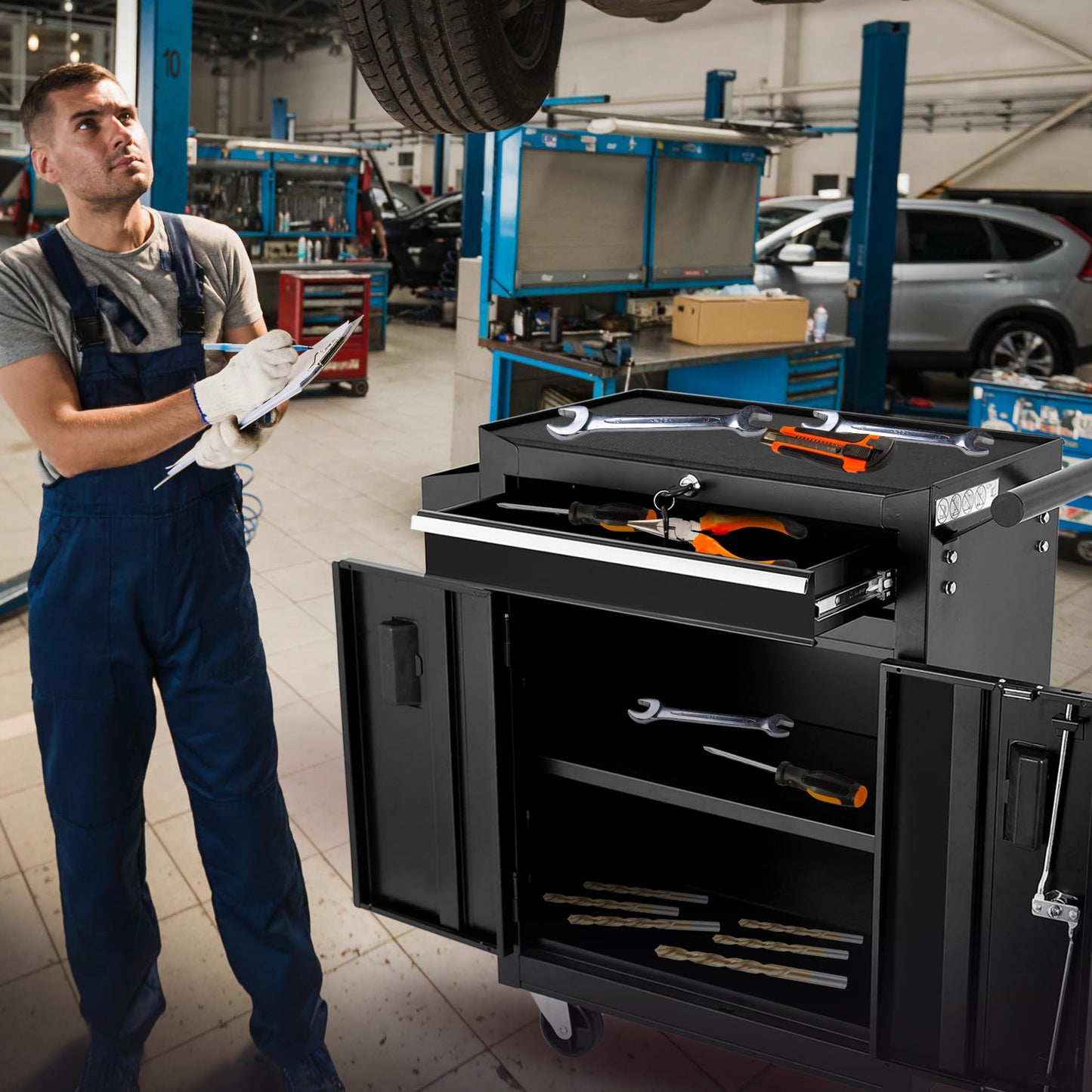 Steel Tool Chest with Drawer and Lockable Doors - Mobile Workstation