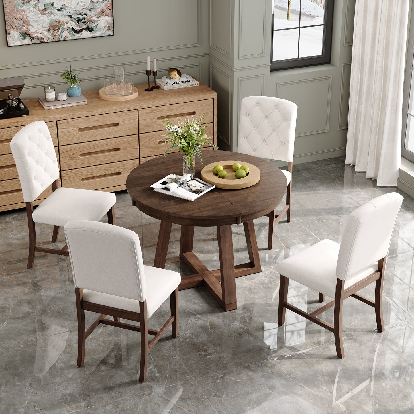5-Piece Retro Dining Set with Round Table & 4 Upholstered Chairs - Walnut