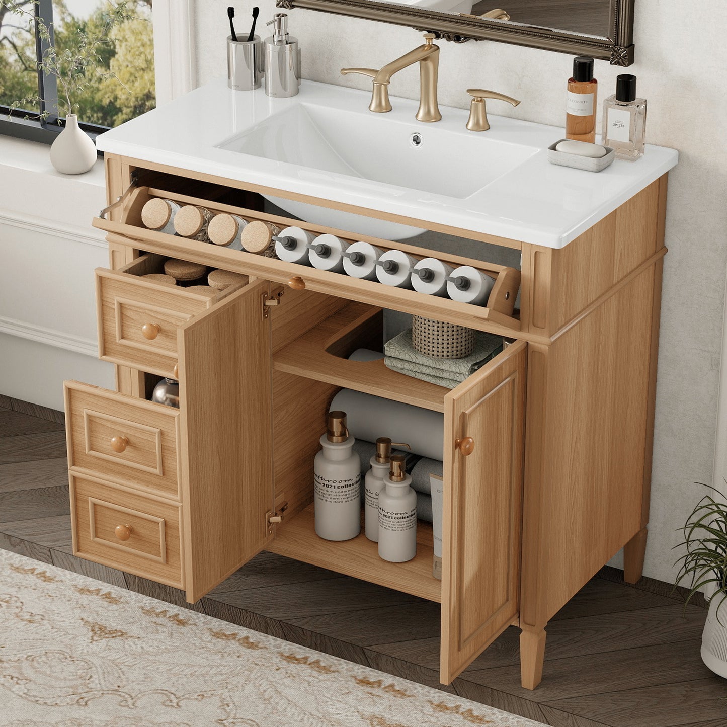 36" Bathroom Vanity with Sink - Wood Cabinet, 3 Drawers, Soft-Close Doors