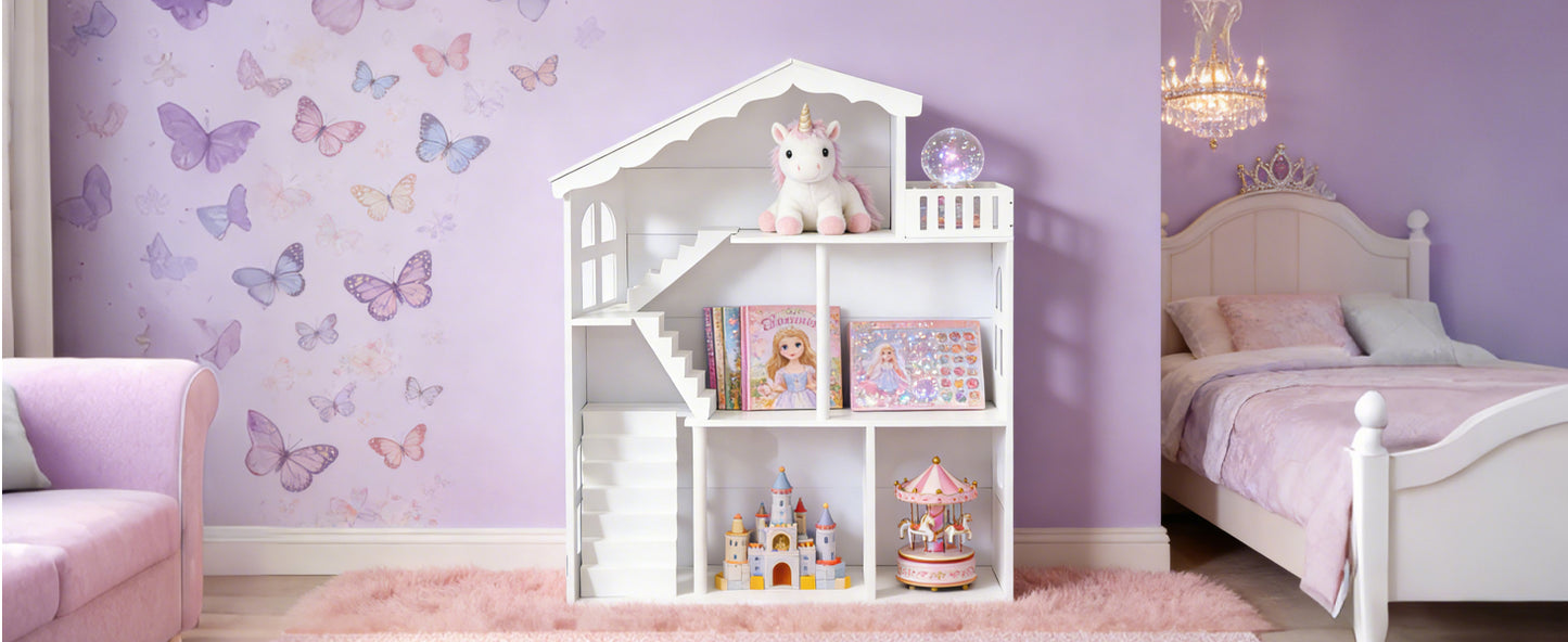 Kids Dollhouse Bookshelf 3 Tier Open Design Wooden Toy House Bookcase