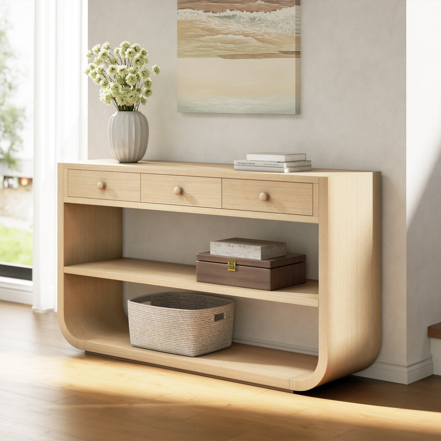 Modern Curved Console Table with 3 Drawers & Open Shelves - Natural