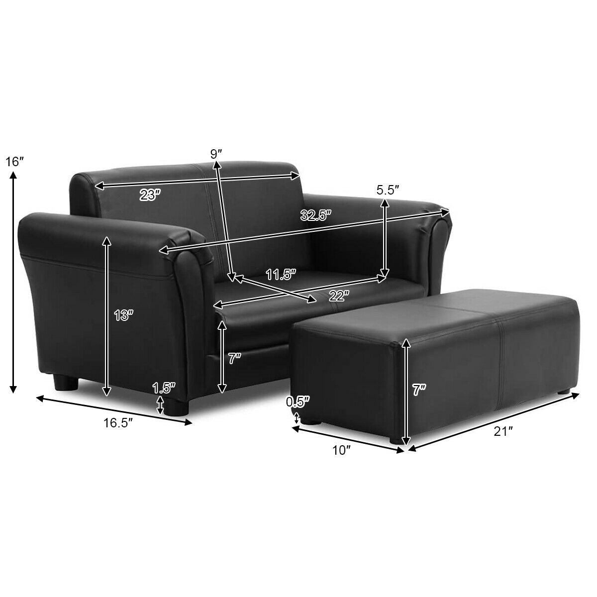 Kids Double Sofa with Ottoman - Black & White