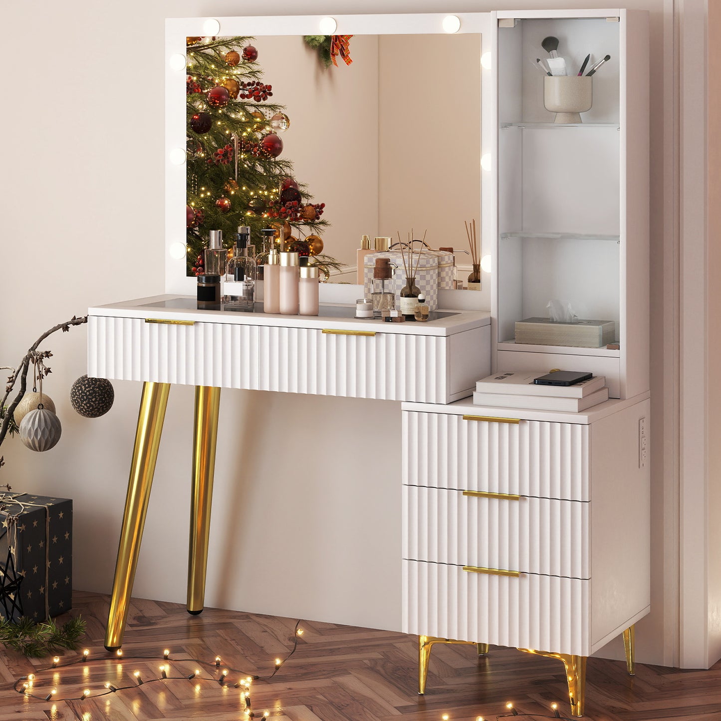 Fluted Vanity Desk With Mirror Glass Top Makeup Table 5 Drawers Power