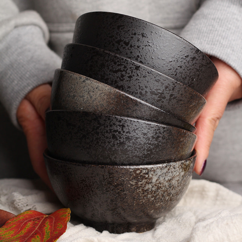 Japanese Ceramic Bowl - Retro Stoneware Tableware for Kitchen & Dining - Black - 11cm
