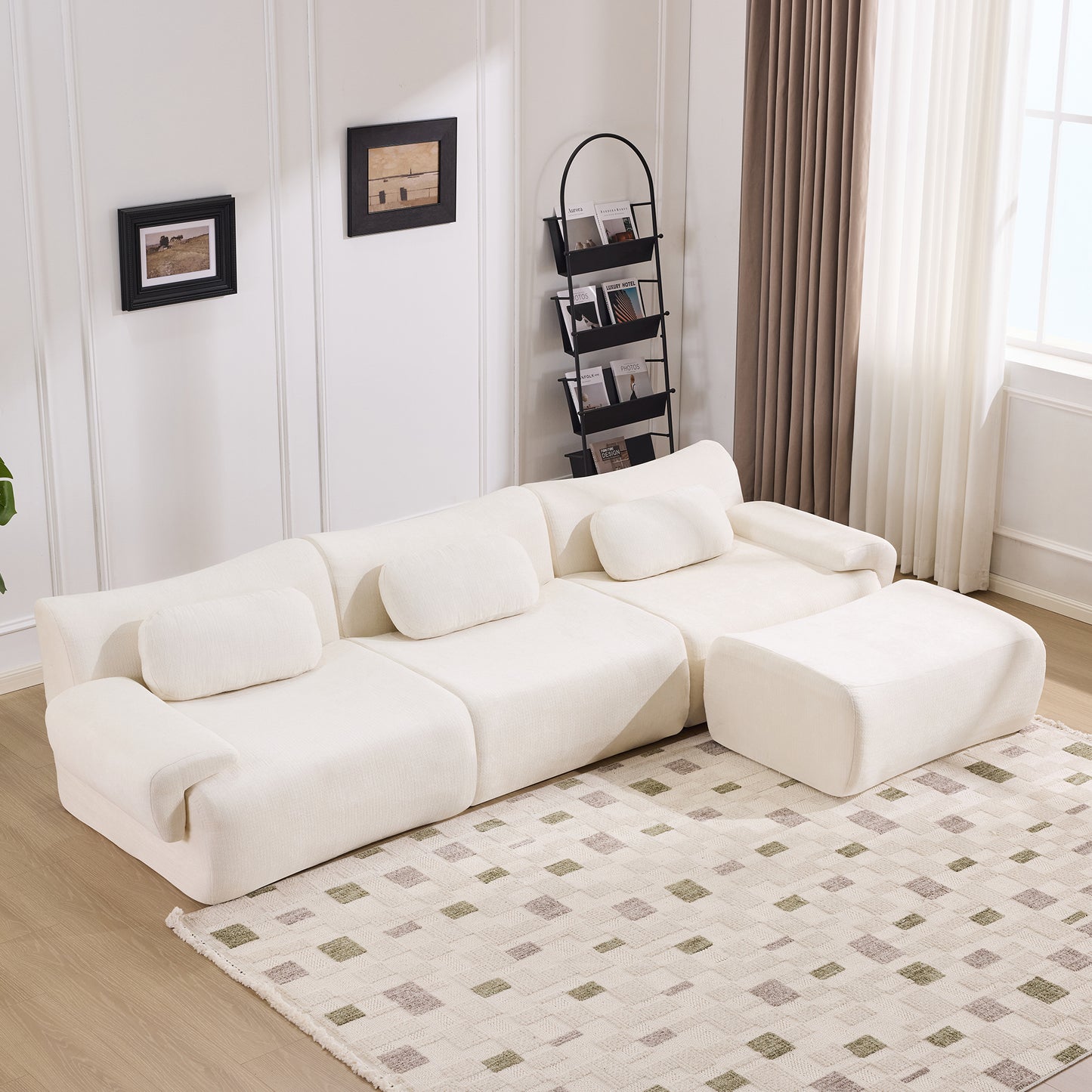Modular Bamboo Joint Armchair - Extra-Large Chenille Sofa with 3 Pillows - White