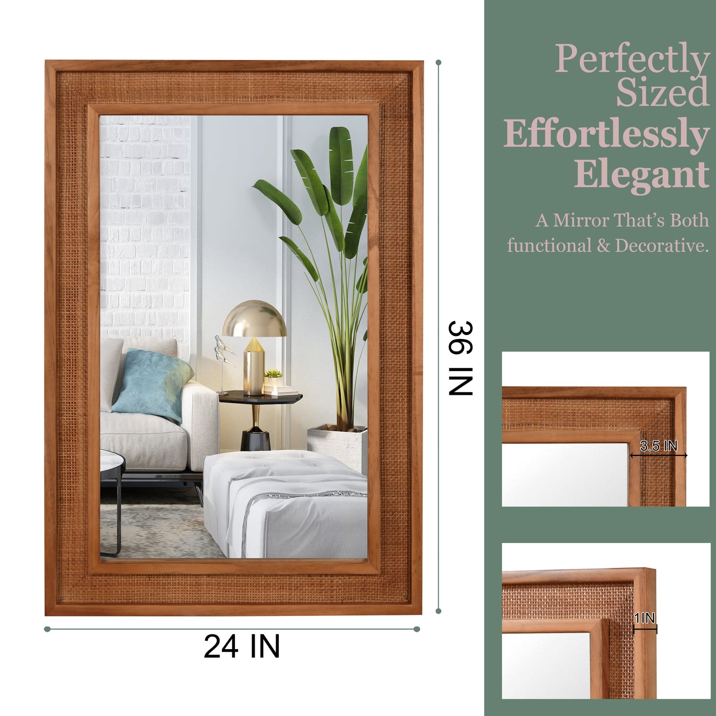 Rattan Rectangle Decorative Mirror - Yellowish Brown 24"x36"