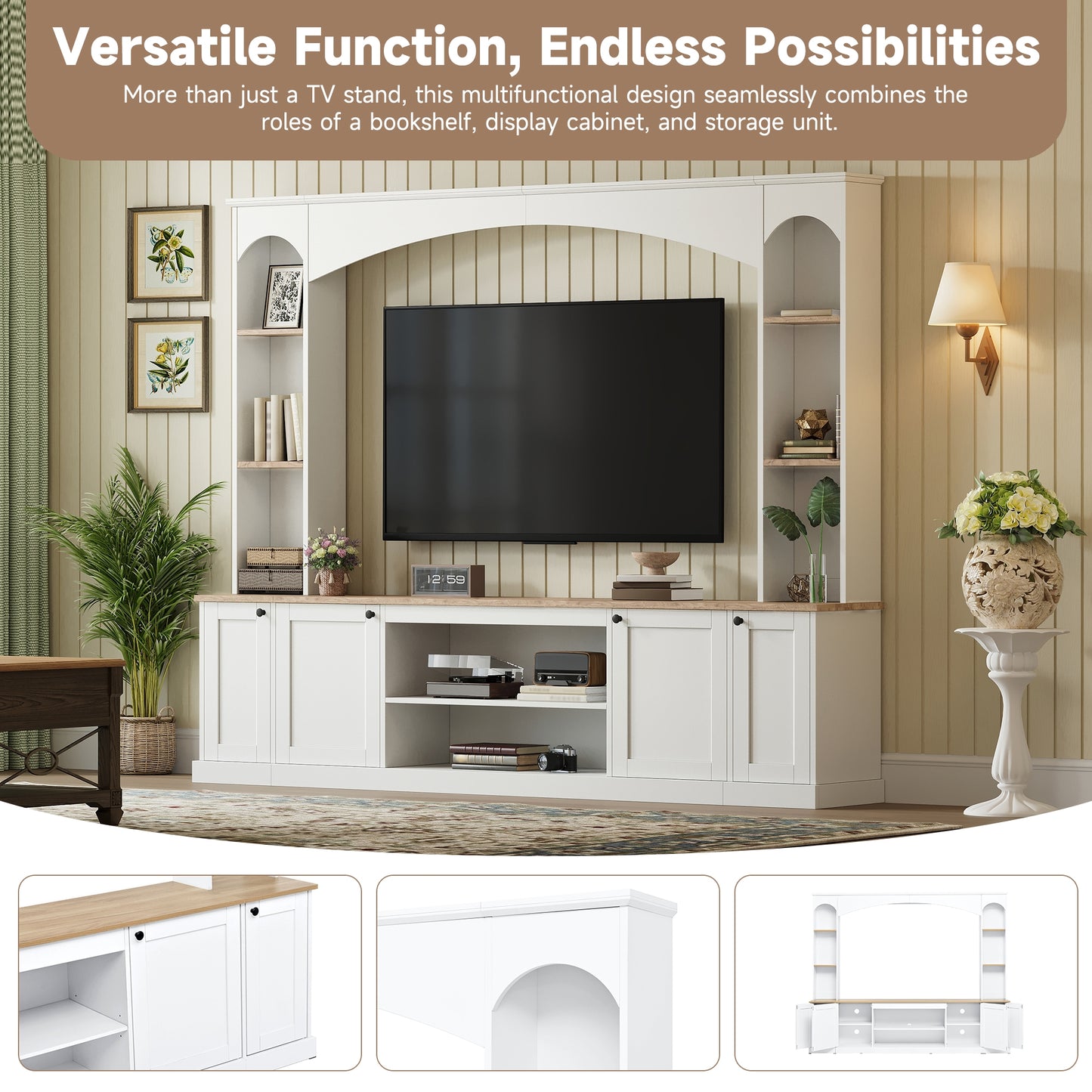 Elegant Arched TV Stand with Bookshelf - White Media Console for TVs Up to 70"
