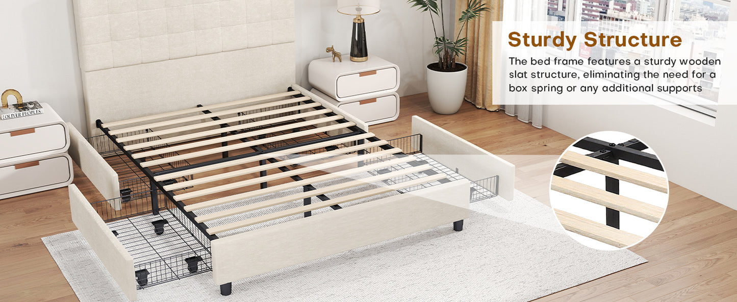 Bed Frame Upholstered Vertical Channel Headboard With 4 Storage