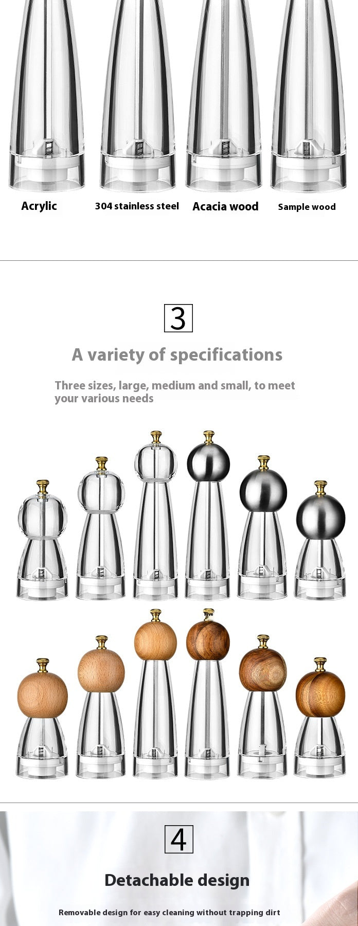 Manual Pepper Grinder with Acrylic or Stainless Steel Options - Kitchen Spice Mill