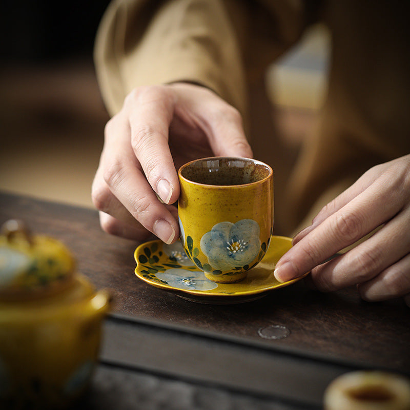 Hand Drawn Camellia Ceramic Cup and Coaster Set - 50ml Retro Kitchen Drinkware