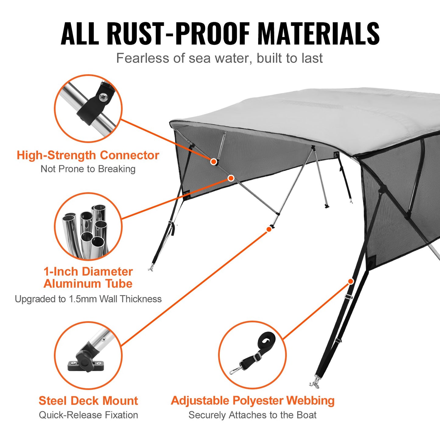 Bimini Top Boat Cover with Detachable Mesh Sidewalls - Grey