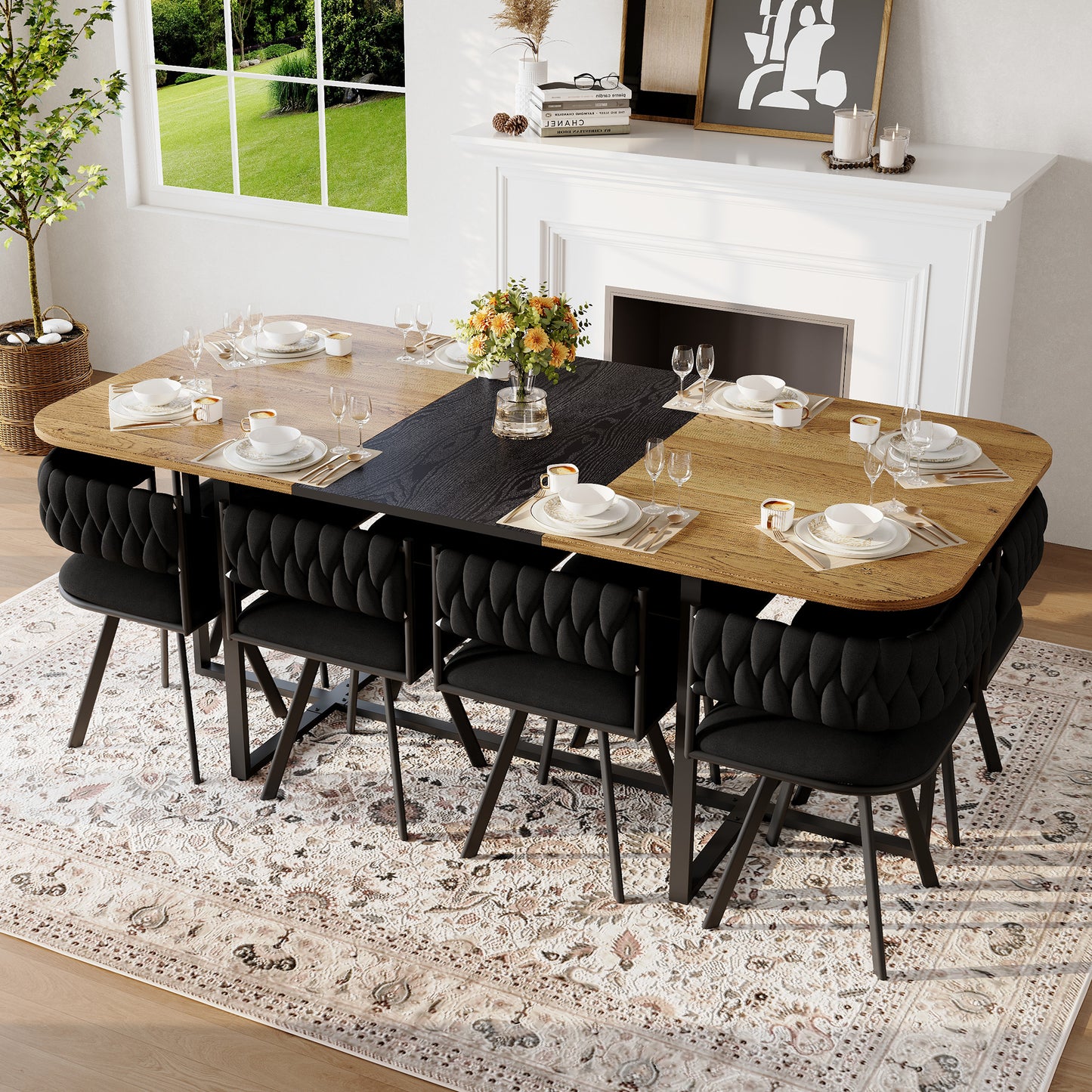 9-Piece Square Dining Table Set, Fixed Two-Tone Wood Grain & Black