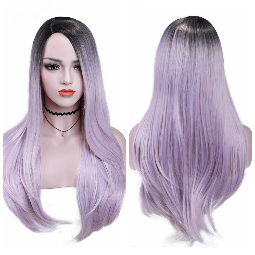 Long Straight Synthetic Wig for Women - Heat Resistant, Black & Light Purple, 26 Inches