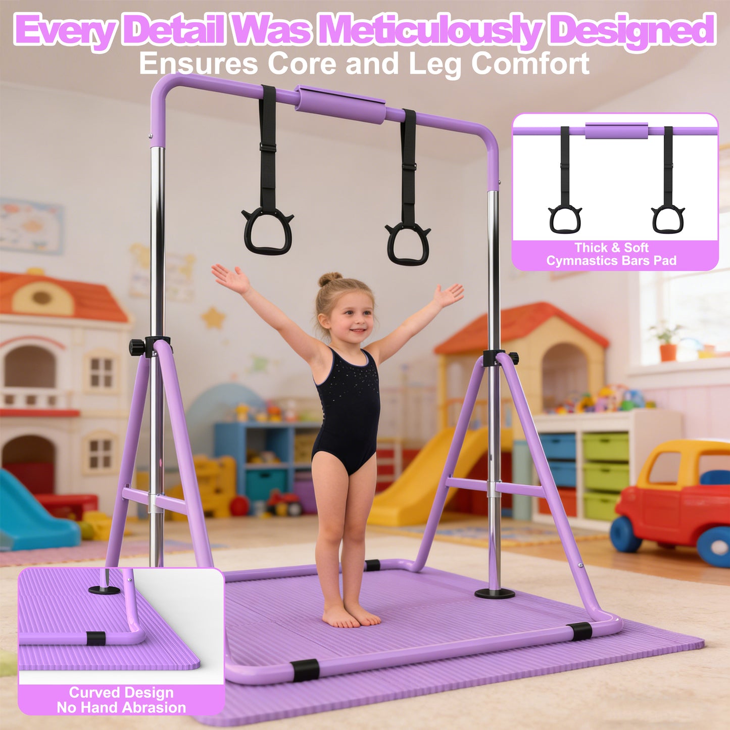 Adjustable Height Gymnastics Bar for Kids - Purple Training Bar with Mat