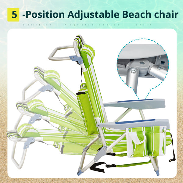 Lightweight Folding Beach Chair - Green Stripes, Adjustable Back
